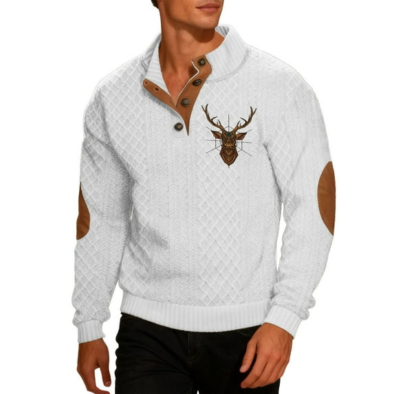 KHONTS Men's Long Sleeve Shirts Jacquard Graphic Printed Button up Sweatshirts Lightweight Loose Pullover Golf Shirt 03-White XXXXXL