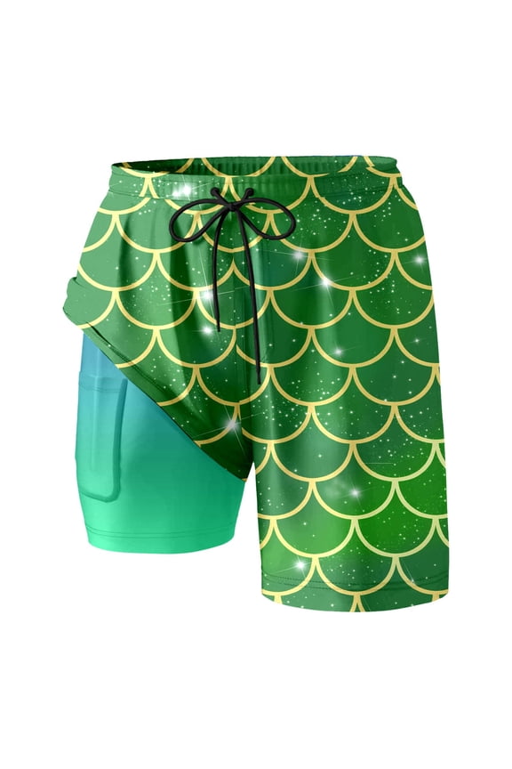 Men's Plus Size Swim Trunks Inseam with Compression Liner Quick Dry Beach Shorts Board Shorts Swimwear 06-Green XL