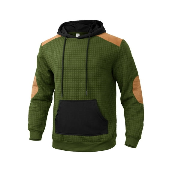 KHONTS Men's Pullover Color Blocking Hoodies Plaid Jacquard Long Sleeve Drawstring Casual Hooded Sweatshirts with Pocket Green S