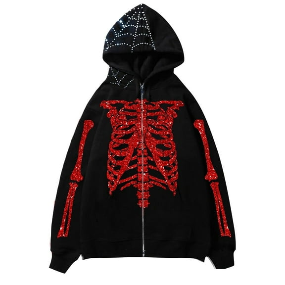 KHONTS Men's Punk Hoodies Streetwear Goth Zip up Hooded Sweatshirts Rhinestone Y2k Spider Skeleton Pullovers Red XXL