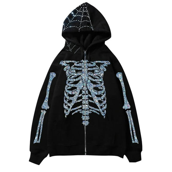 KHONTS Men's Punk Hoodies Streetwear Goth Zip up Hooded Sweatshirts Rhinestone Y2k Spider Skeleton Pullovers Silver XXL