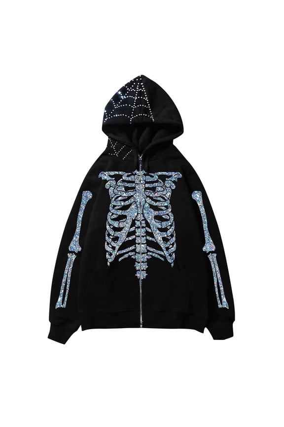 Men's Punk Hoodies Streetwear Goth Zip up Hooded Sweatshirts Rhinestone Y2k Spider Skeleton Pullovers Silver XXL
