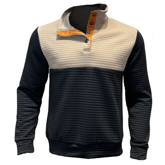 KHONTS Men's Quarter Button Stand Collar Sweatshirts Jacquard Stylish Color Block Pullover Long Sleeve Workout T-Shirt Black L