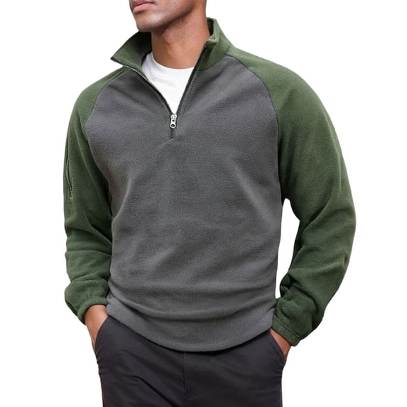 KHONTS Men's Quarter Sweatshirt Zip Quilted Long Sleeve Tee Stand Collar Color Block Pullover Tops Army Green XXL