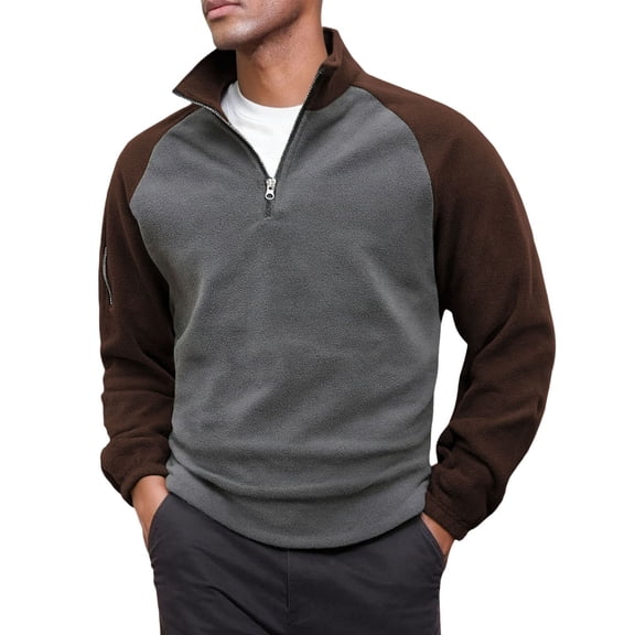 KHONTS Men's Quarter Sweatshirt Zip Quilted Long Sleeve Tee Stand Collar Fleece Color Block Pullover Tops Brown XL