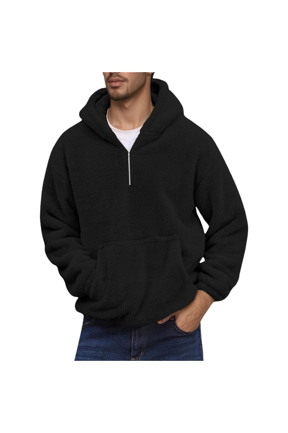 Men's Quarter Zip Fuzzy Sherpa Hoodies Casual Long Sleeve Pullover Sweatshirt Fall Warm Sport Hooded Tops with Front Pocket Black L