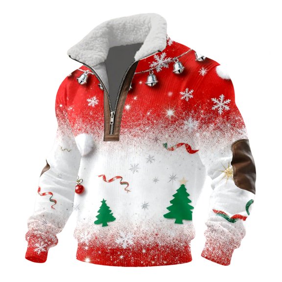 KHONTS Men's Santa Quarter Zip Pullover Sweatshirt Fleece Lined Funny Christmas Printed Tops Long Sleeve Xmas Casual Holiday Tee Shirts 5-White L
