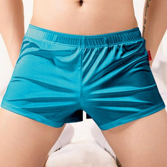 KHONTS Men's Satin Silk Boxers Shorts Low Rise Pajama Bottoms Silky Sleep Briefs Underpants Blue L