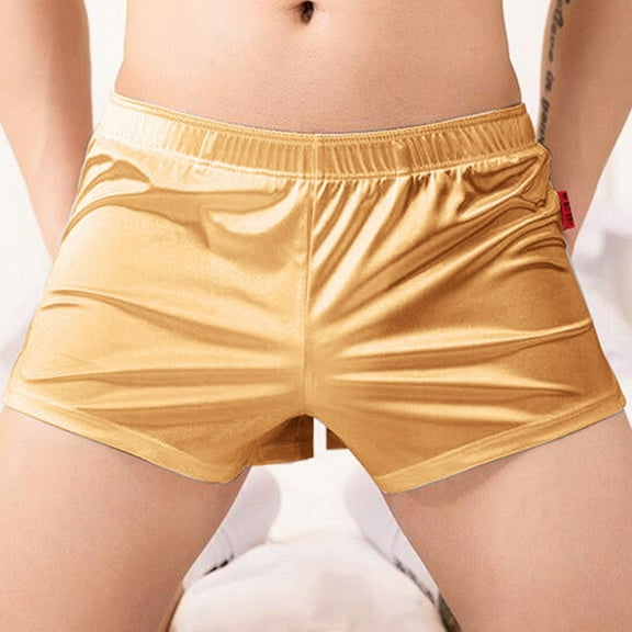KHONTS Men's Satin Silk Boxers Shorts Low Rise Pajama Bottoms Silky Sleep Briefs Underpants Yellow M