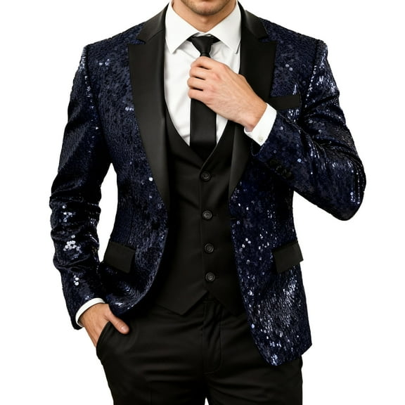 KHONTS Men's Sequin Blazer Tuxedo Party Prom Wedding Tuxedo One Button Jacket Blue XXL