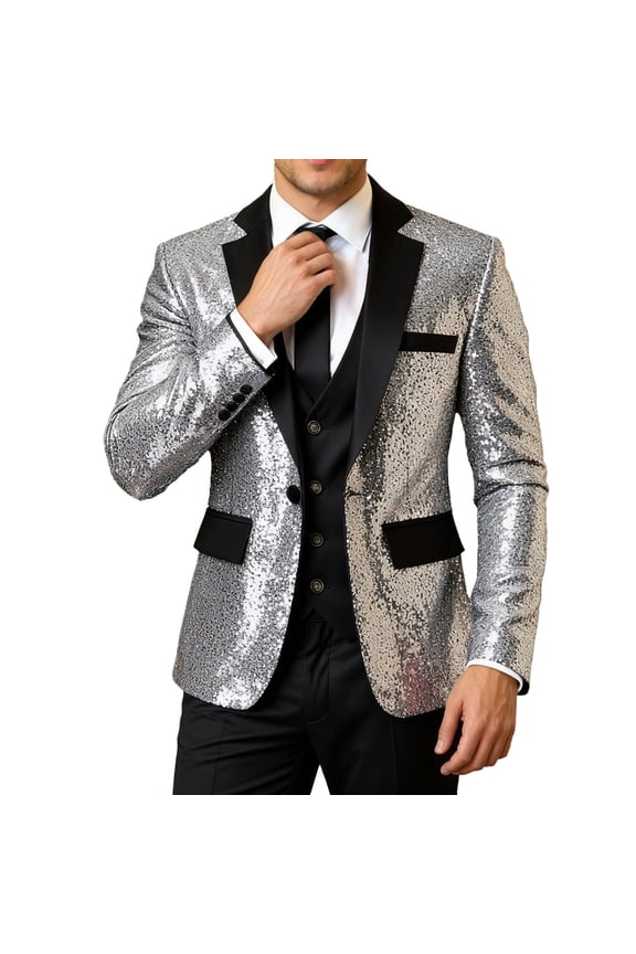 Men's Sequin Blazer Tuxedo Party Prom Wedding Tuxedo One Button Jacket Silver M