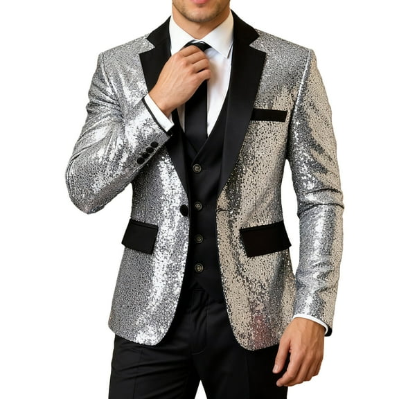 KHONTS Men's Sequin Blazer Tuxedo Party Prom Wedding Tuxedo One Button Jacket Silver XL