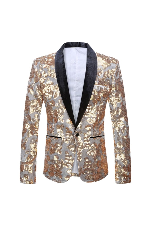 Men's Sequins Velvet Shawl Lapels Stage Party Prom Wedding Dinner Suit Jacket Blazer Gold L