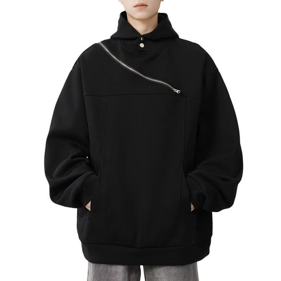 KHONTS Men's Side Zip Pullover Hoodies Long Sleeve Drop Shoulder Sweatshirt Casual Fashion 20s Streetwear Black XL