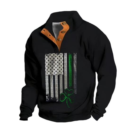 KHONTS Men's St. Patrick's Day Quarter Zip Oversized Sweatshirts Fashion Shamrock Graphic Printed Tees Long Sleeve Stand Collar Tops 05-Black S