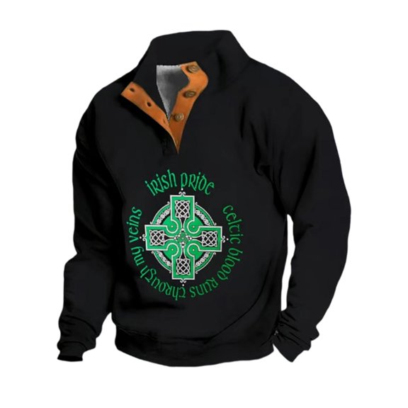 KHONTS Men's St. Patrick's Day Quarter Zip Oversized Sweatshirts Fashion Shamrock Graphic Printed Tees Long Sleeve Stand Collar Tops 06-Black S