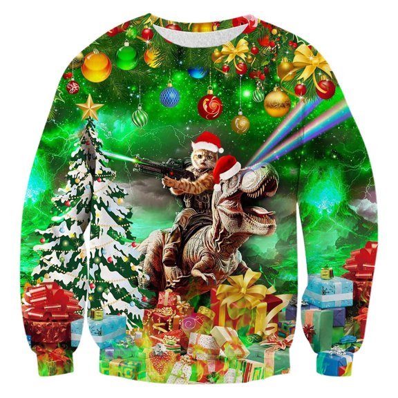 KHONTS Men's Christmas Sweatshirts Funny 3D Graphic Long Sleeve Pullover Shirts Oversized Baggy Clothes 1-Green XXXXL