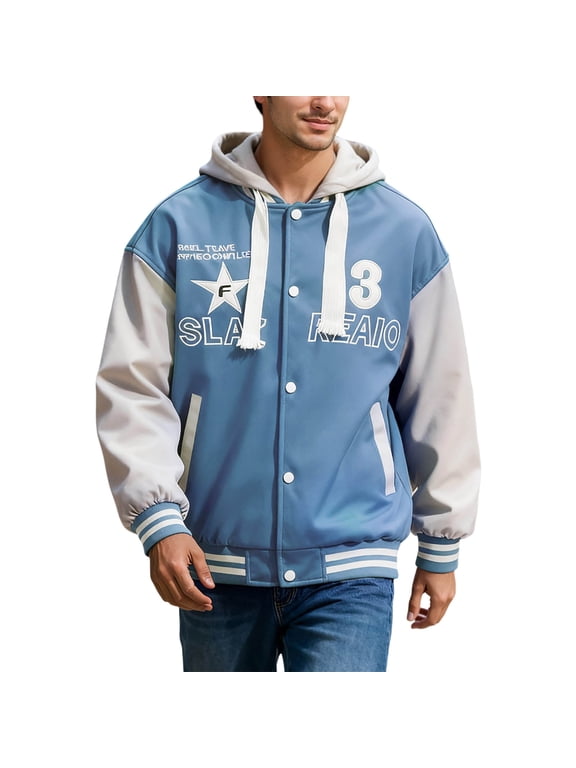 Men's Varsity Jacket Color Block Letter Graphic Long Sleeve Baseball Jacket Bomber Coat Blue XL
