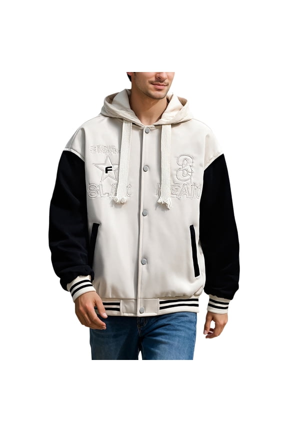 Men's Varsity Jacket Color Block Letter Graphic Long Sleeve Baseball Jacket Bomber Coat White XXL