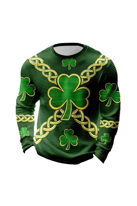 Men's Waffle St. Patrick's Day Shamrock Printed T Shirts Plus Szie Crew Neck Tshirt Casual Holiday Classic Tees 06-Green M