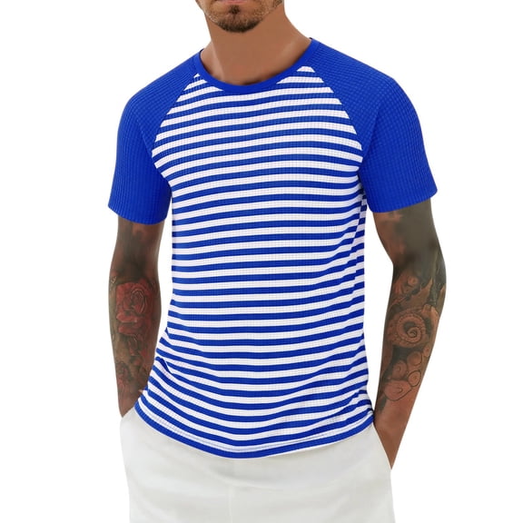 KHONTS Men's Waffle Strip Short Sleeve T Shirts Couples Summer Lightweight Striped Tee Casual Crewneck Athletic Gym Workout Top for Unisex Blue XXXXXL