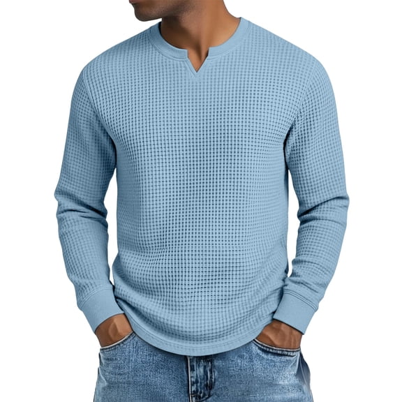 KHONTS Men's Waffle Thermal Long Sleeve Shirts V Neck Lightweight Tops Casual Pullover Undershirts Blue XL