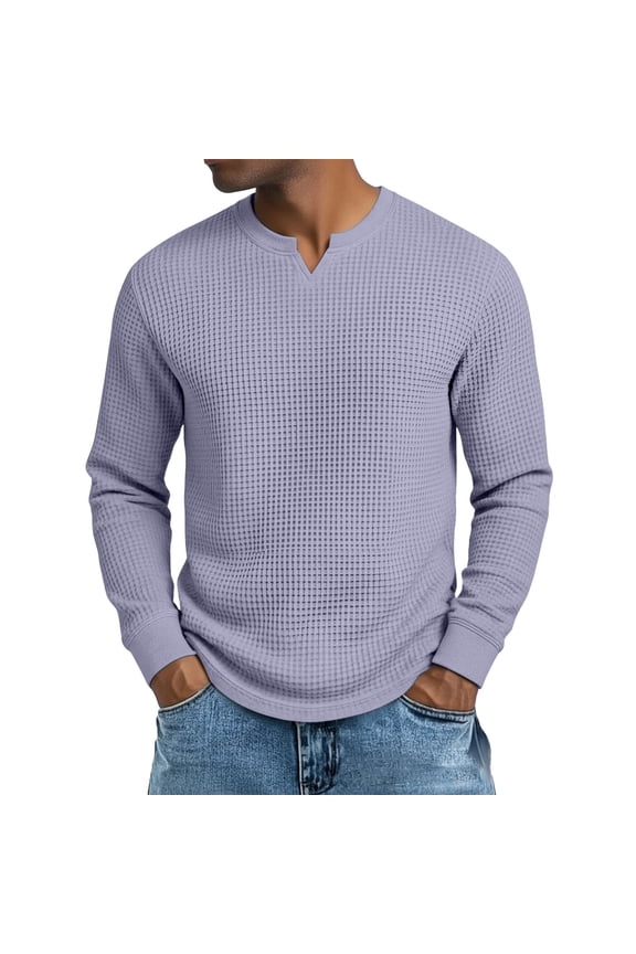 Men's Waffle Thermal Long Sleeve Shirts V Neck Lightweight Tops Casual Pullover Undershirts Light Purple M