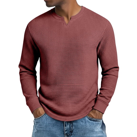 KHONTS Men's Waffle Thermal Long Sleeve Shirts V Neck Lightweight Tops Casual Pullover Undershirts Red S