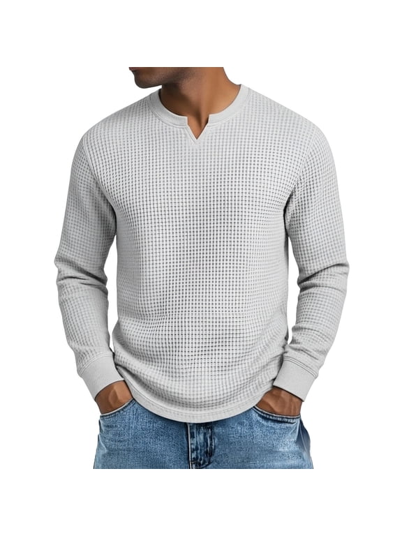 Men's Waffle Thermal Long Sleeve Shirts V Neck Lightweight Tops Casual Pullover Undershirts White XXXL