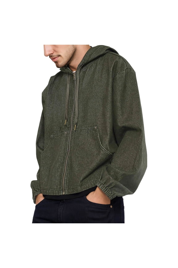 Men's Washed Work Jackets Workwear Coats Relaxed Fit Winter Hooded Utility Jacket Green M
