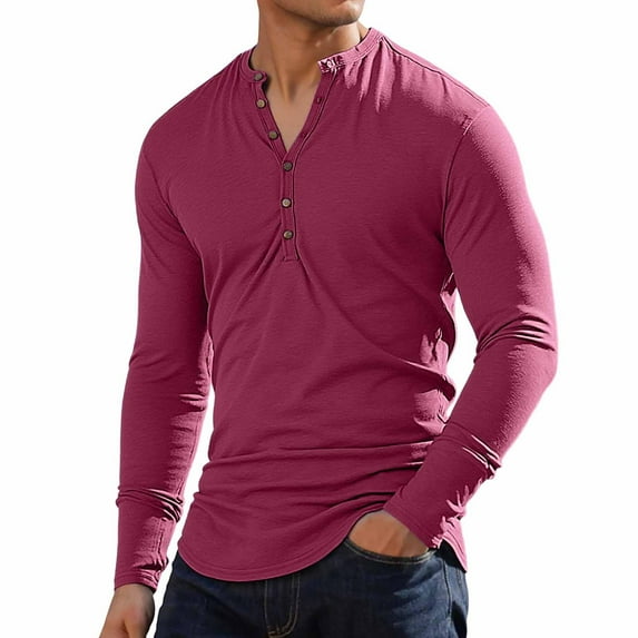 KHONTS Mens Casual Slim Fit Basic Henley Long Sleeve Fashion T-Shirt Brick Red S