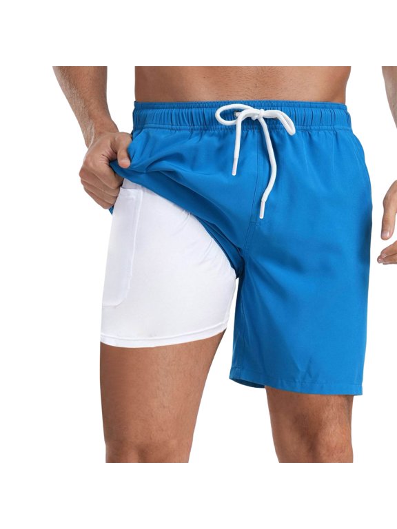 Mens Swim Trunks Quick Dry Bathing Suit Inseam Board Shorts with Compression Liner and Pocket 07-Sky Blue L