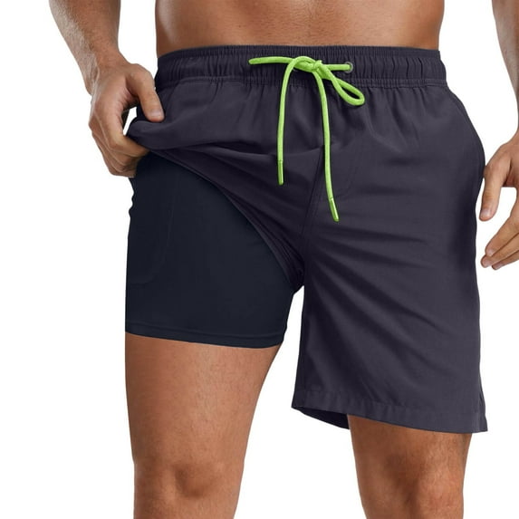 KHONTS Mens Swim Trunks Quick Dry Bathing Suit Inseam Board Shorts with Compression Liner and Pocket 08-Black L
