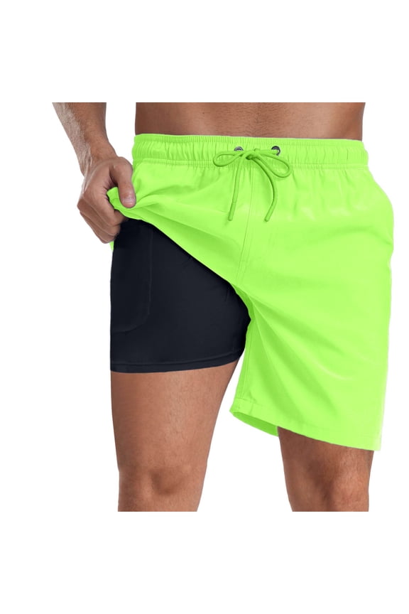 Mens Swim Trunks Quick Dry Bathing Suit Inseam Board Shorts with Compression Liner and Pocket 09-Green L