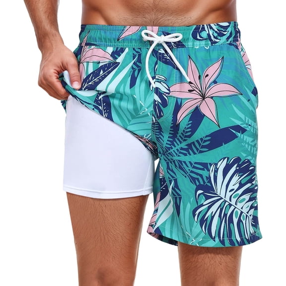 KHONTS Mens Swim Trunks with Compression Liner Pockets Drawstring Quick Dry Stretch Lined Funny Swimming Surf Beach Shorts 01-Mint Green L
