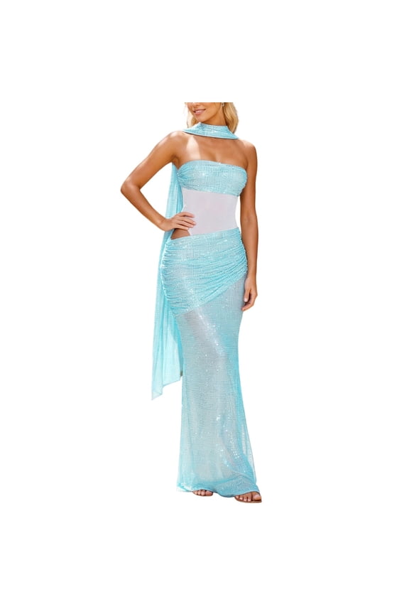 Sequin Prom Dresses for Women Strapless Sparkly Formal Evening Gowns with Scarf Blue L