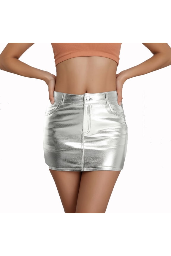Metallic Shiny Skirts 20s Low Waist Sparkly Rave Bodycon Mini Cargo Skirts with Pockets Silver XS