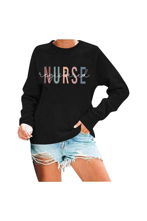 Nurse Sweatshirt Women Fall Casual Pullover Shirts Nursing Student Present Crewneck Long Sleeve Tees Black L