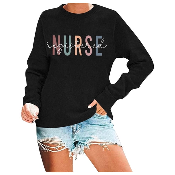 KHONTS Nurse Sweatshirt Women Fall Casual Pullover Shirts Nursing Student Present Crewneck Long Sleeve Tees Black M