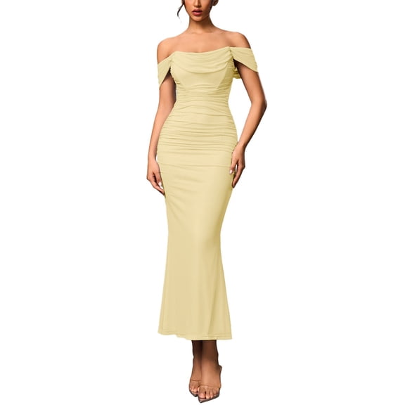 KHONTS Off the Shoulder Maxi Dress for Women Corset Ruched Bodycon Formal Wedding Guest Dresses Yellow XS
