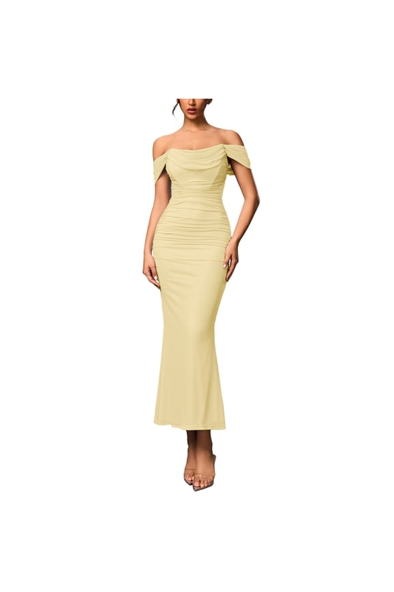 Off the Shoulder Maxi Dress for Women Corset Ruched Bodycon Formal Wedding Guest Dresses Yellow XS
