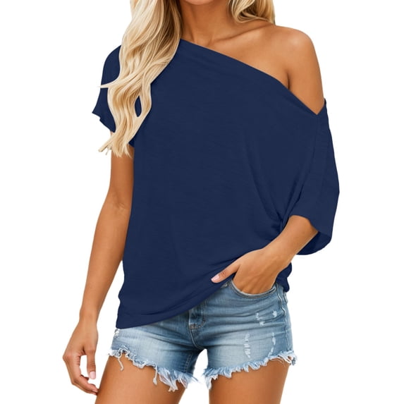 KHONTS Off the Shoulder Tops for Women Short Sleeve Fashion T Shirts Loose Batwing Summer Going out Oversized Blouse Tunic Blue M