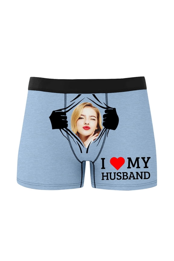 Personalized Men's Funny Face Boxer Your Photo on Custom Underwear for Men I Love My Husband Light Blue M