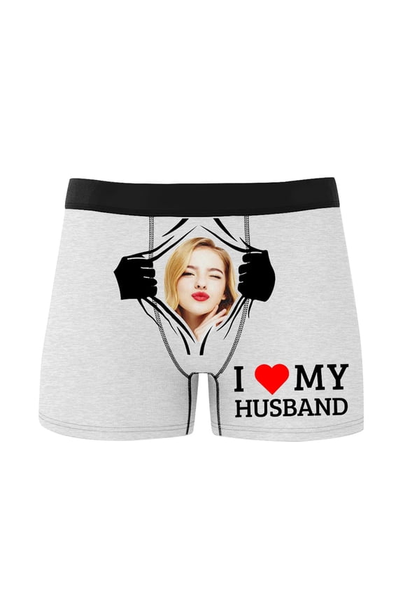 Personalized Men's Funny Face Boxer Your Photo on Custom Underwear for Men I Love My Husband White XXXL