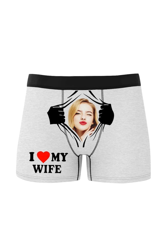 Personalized Men's Funny Face Boxer Your Photo on Custom Underwear for Men I Love My Wife White XL