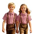 thumbnail image 1 of KHONTS Plaid Gingham Boys Girls Oktoberfest Shirts Collared Button down Short Sleeve Shirt,Size 4-13 Years Red 170, 1 of 6