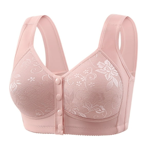 KHONTS,Plus Size Daisy Bras for Older Women Comfy Front Closure Bra Push up No Underwire Supportive Seniors Bralettes for Large Pink 46