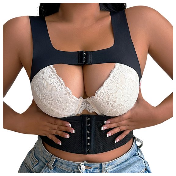 KHONTS Plus Size Open Bust Posture Shaper Vest racerBack Smoothing Panel Wide Straps Underarm Coverage shapewear Black XXXL