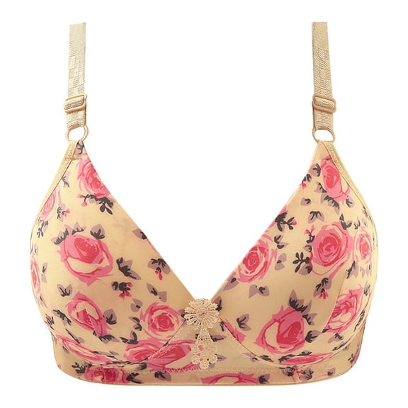 KHONTS Plus Size Push up Bras for Women Rose Printed High Support Lift up Bra Sift Wireless Comfy Bralettes for Everyday Wear Light Yellow 36