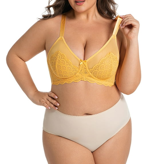 KHONTS Plus Size Push up Bras for Women See Through Lace Bra Thin Pad Breathable Comfortable Lightweight Braletes for Everyday Wear Yellow 95F